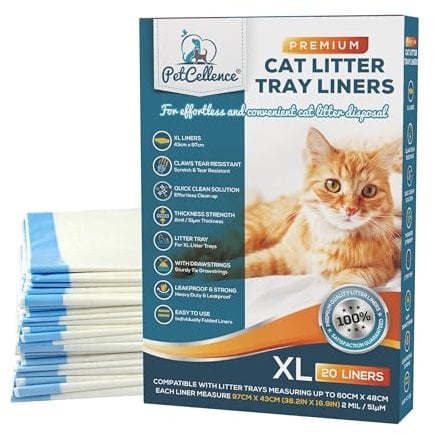 PetCellence XL Cat Litter Tray Liners 20 - Scratch Resistant with Drawstring for Extra Large Cat Tray Liners - 2mil Thick & Strong Cat Litter Bags - Size 97cm x 43cm