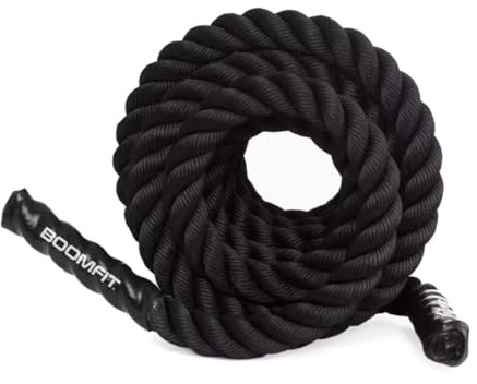 BOOMFIT Corde de Combat Battle Rope 9m 12m | Musculation Crossfit HIIT | Cardio Intensif et Renforcement Musculaire | Équipement Home Gym et Extérieur pour Athlètes (Noir, 9 m)