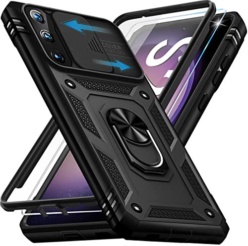 Giyer Handyhülle für Samsung Galaxy S23 FE 5G Hülle mit Schutzfolie, Schutzhülle S23 FE mit Kameraschutz Kartenschlitz 360° Metall Ring Ständer Stoßfest Bumper Case für Samsung S23 FE Tache (Schwarz)