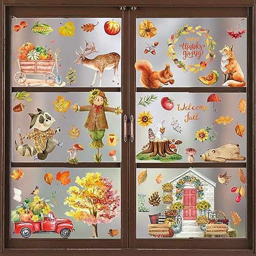 HIQE-FL Fensterbilder Herbst,Thanksgiving Fenster Aufkleber,Herbstdeko Fenster,Herbst Deko Kürbis,Herbst Selbstklebend Thanksgiving Dekor,für Kinderzimmer Cafe Buchhandlung Party Zubehör