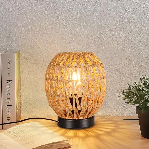 Lampada Da Scrivania Vintage, Rattan Lampada Da Comodino Con Base In Ferro Paralume Intrecciato Fatto A Mano Boho E27 Lampada Da Tavolo Lampade Rustiche Per Soggiorno Sala Da