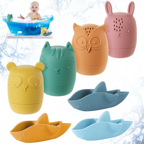 HOTUT Baby Bath Toys, 7 PCS Silicone Mold Free Bath Toys, Bathtub Toys for Toddlers Age 2+, Eco-Friendly Non Toxic Safe Floating Bathtub Water Toys