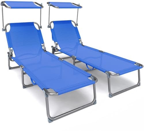 VOUNOT® Sdraio da Giardino Pieghevole, Set di 2 Lettini Prendisole con Tettuccio Parasole e Schienale Regolabile, per Spiaggia, Balcone, Terrazzo, Esterno Piscina, Blu