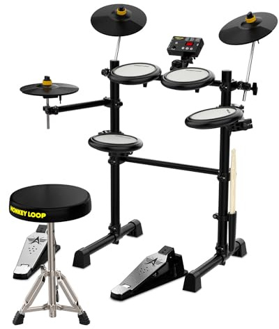 MONKEY LOOP ML-Edrum 10 Elektronisches Schlagzeug, 7-teilig, 12 realistische Presets, 100 Sounds, AUX-Konnektivität, Kopfhörer und USB, inklusive Metronom, Kopfhörer und Drumsticks