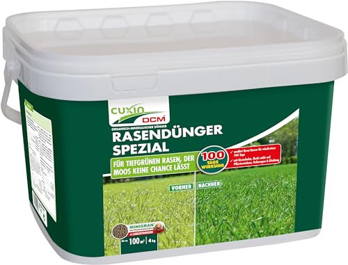 CUXIN DCM Rasendünger Spezial - Langzeit Rasendünger - In MINIGRAN® TECHNOLOGY - Geeignet für Streuwagen - organisch-mineralischer NPK-Dünger- 4 KG für 100qm