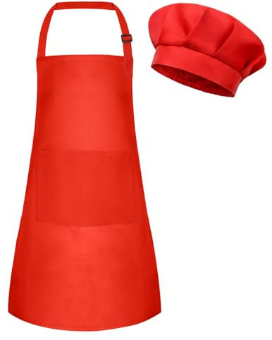 BOUBONI Juego de delantal y sombrero de chef para niños, delantales ajustables con 2 bolsillos, sombrero de chef y delantal para cocinar, hornear y pintar (rojo)