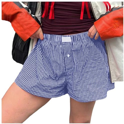 Generic Femme Bas de Pyjama à Carreaux Short de Pyjama d'été avec Bouton Léger Short de Nuit Taille élastique Jambe Large Shorts de Pyjama