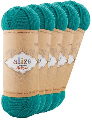 5 x 100g Sockenwolle Alize Superwash Artisan 75% Wolle Strickwolle Häkelgarn Farbwahl, Farbe:507 türkisgrün