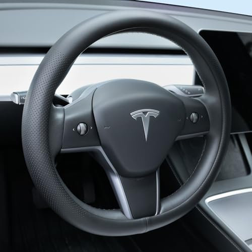 Uxcer Housse de Volant en Cuir Nappa pour Tesla Model 3/Y 2016-2025 2026 Juniper/Highland, antidérapant, Respirant, Noir