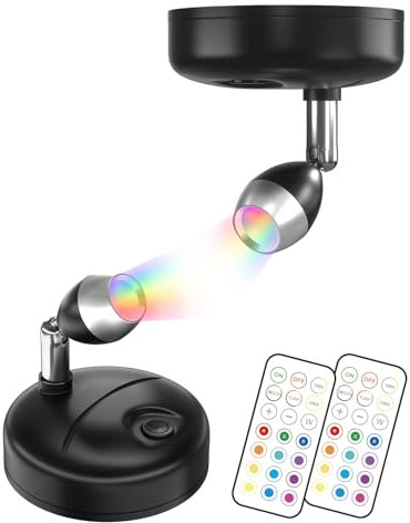TrustWheel RGB Focos LED Interior a Pilas con Mando a Distancia, 12 Luz RGB + Luz Blanca para Vitrinas, Estatuas de Arte, Iluminación de Plantas, RV (Negro, 2-Pack)