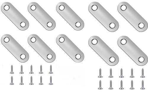 Flat Fixing Brackets, 10 Pcs Flat Straight Brace Brackets, Flat Plate Bracket, Stainless Steel Straight Bracket, Connecting Plates, Flat Support Corner Repair Connector, with 20 Screws