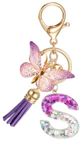 JSRQT Portachiavi con Lettera Iniziale S, Portachiavi con Lettera Alfabeto in Resina Viola per Donne Ragazze con Ciondolo Farfalla Nappa, Nome Lettera Iniziale Portachiavi per Borse Zaini Chiave
