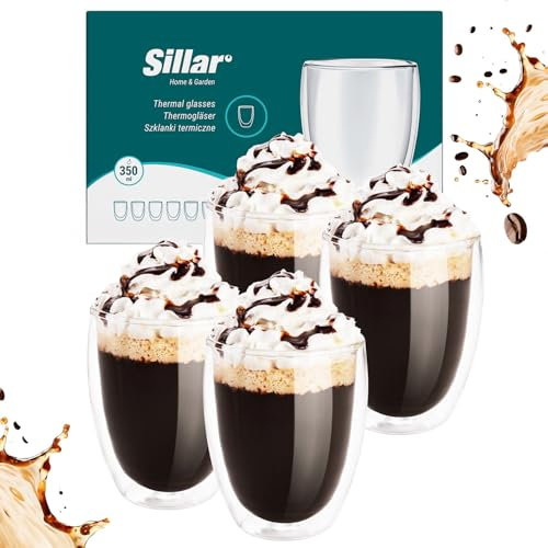 Sillar Lot de 4 Verres à Café à Double Paroi en Verre Borosilicate 350 ml, Grands Verres Thermiques à Double Paroi, Verres à Latte Macchiato, Verres à Cappuccino,Verre à Café