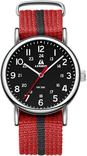 LN LENQIN Herrenuhren Militär Uhren Analog Quarz Uhren Armee Uhren Herren Wasserdicht Armbanduhren Sportuhr mit Nylonband (Schwarzrot Silber Schwarz)