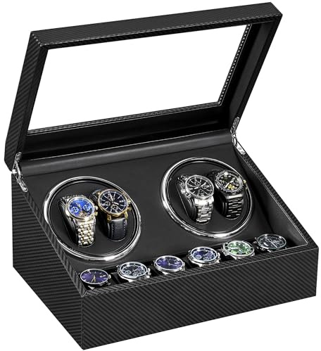 ANWBROAD Watch Winders for Automatic Watches, Automatic Watch Winder with 4 Watches Rotator and 6 Extra Storages, 4 Watch Winder with Japanese Quiet Motor, Carbon Fiber Watch Winders,UJWW012C