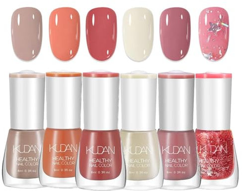 Nail Polish Set - 6Pcs Quick Dry & Long Lasting Nude Pink Red Glitter Nail Varnish Kit - 8ML No UV Needed Air Dry Water Based Natural Holographic Nail Polish Sets for Women Girls DIY Nail Art at Home