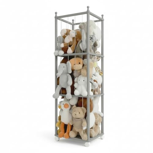 Wonder Space Wooden Stuffed Animal Storage Rack with Wheels, 54 Tall Toy Organizer for Kids Room, Water-Based Paint Finish, Safe & Eco-Friendly Plush Holder Shelf for Toddlers & Babies (Grey)