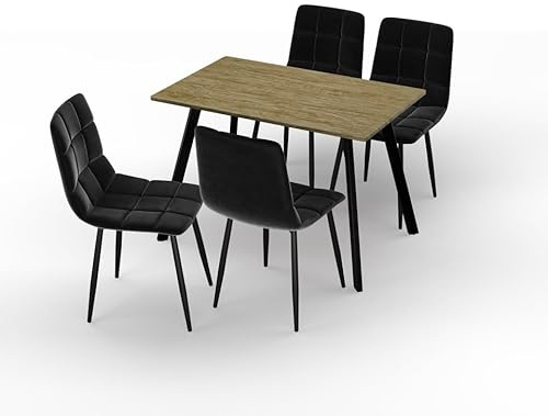 URBNLIVING 110cm Dining Table & 4 Velvet Chairs Set – Modern Metal Frame Kitchen Furniture, Contemporary Dining Room Set - Oak Table Black Chair