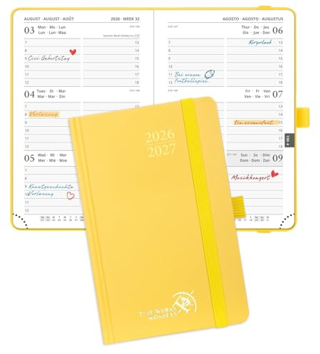 POPRUN Taschenkalender 2026 2027 Klein Hardcover,ca.A6 (15,6 x 10cm) | 17-Monate-Terminplaner,(Aug,2026-Dez,2027),Wochenplaner 1 Woche 2 Seite,Kalender Klein(Hellgelb)