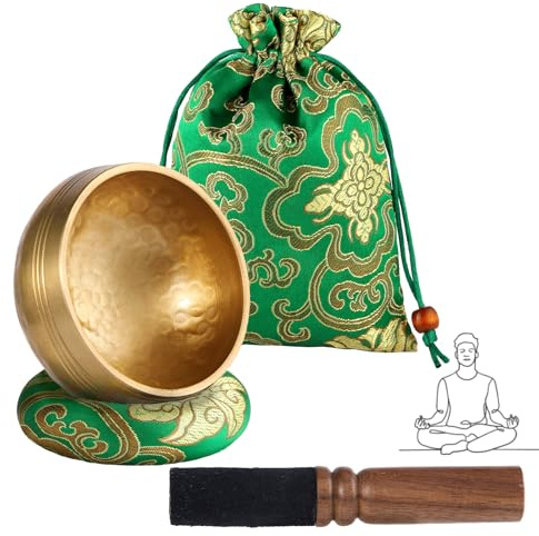 alasemo Tibetische Klangschale Set 【8cm】Handgehämmert Messing, Grün-gold | Mit Schlägel,Seidenkissen,Seiden-Aufbewahrung-Beutel.Für Yoga,Meditation,Entspannung.Leicht,Handlich.Für Zuhause & Studio