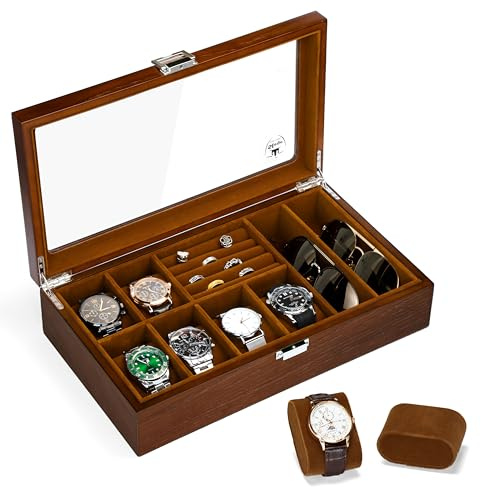 Slege Caja Relojes de Madera,6 Compartimentos,Joyero Organizador de Relojes,Caja de Reloj y Gafas de Sol,Expositor Gafas,Cubierta de Vidrio,para Anillo,Pendientes,Gemelos,Regalos Hombre y Mujer