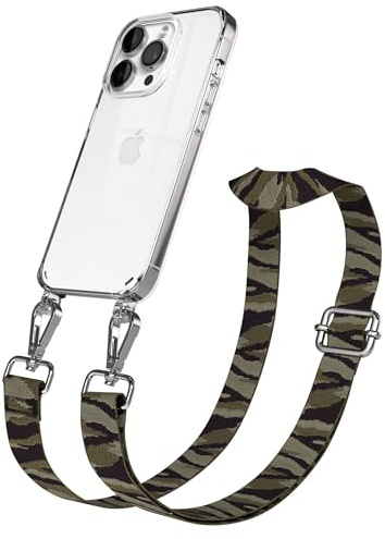 EAZY CASE Handykette - Verstellbares Taschenband kompatibel mit iPhone 14 Pro, Schulterriemen, Handykordel mit Silikon Hülle, Umhängetasche, Grün Camouflage Silber