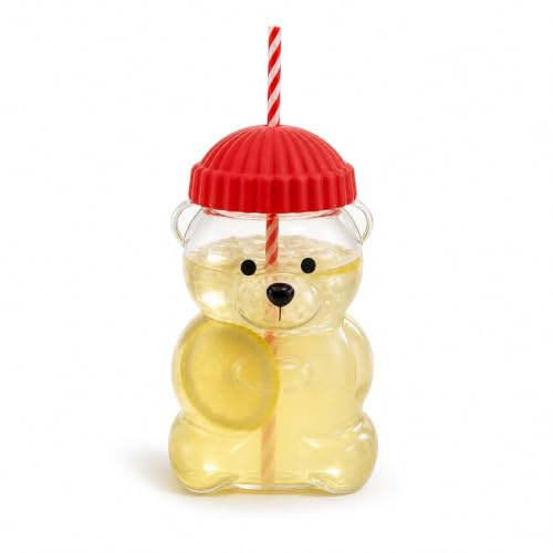 Elprico Tasse D'ours, Tasse de Paille D'ours, en Verre Mignon avec Paille, Gobelet en Verre Réutilisable de 20 Oz avec Couvercle Rouge pour Boissons Froides Chaudes de thé