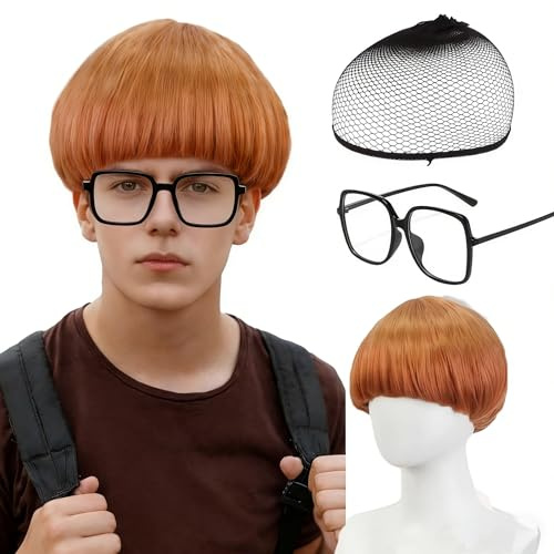 MUNSKT Men Short Orange Bowl Cut Wig - Straight Mushroom Wig with Bangs, 60s Funny Cosplay Wig for Halloween Anime Costume Party Cosplay Costumes, Anime Parties(Wig + Wig Cap + Glasses)