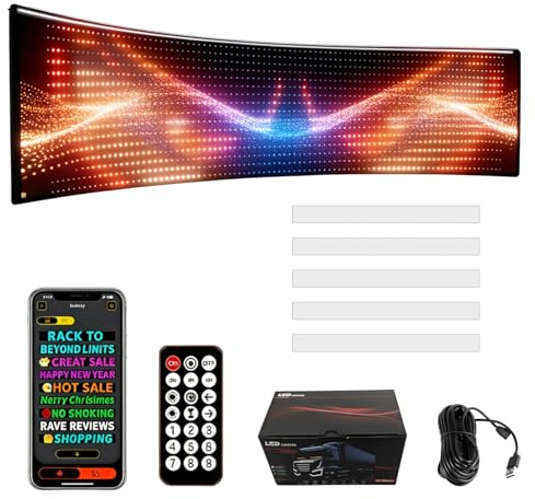 Señal LED de desplazamiento flexible de 35.35 x 7.56 pulgadas, panel de matriz LED con control de aplicación, ojos LED para ventana de coche, pantalla programable, alimentación por USB, animación de