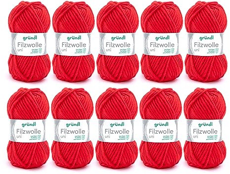 Gründl Wolle Filzwolle uni - Dicke Wolle zum Filzen in der Waschmaschine - Strickgarn zum Filzen - Weich und hautfreundlich - 100 % Schurwolle - 10 Knäuel 50 g /50 m -Nadelstärke 8 -9 - Signalrot