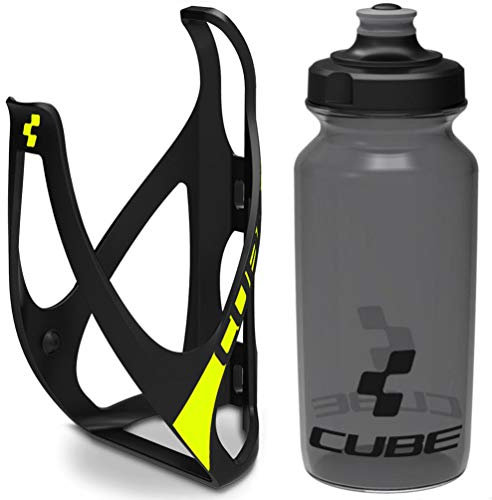Cube HPP Cage - Matt Black/Yellow & Flow Bottle - Black, 500ml / Water Drink Flask Vessel Bidon Holder Mount Bracket Kit Lightweight Plastic Drinking Hydration Biking Bike Riding Frame Accessories