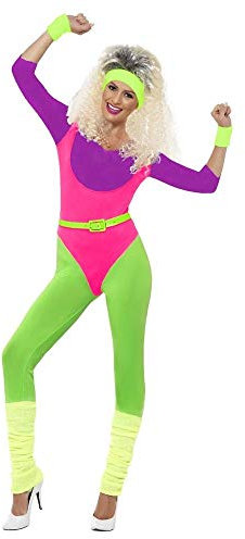 80er Jahre Neon Gymnastik-Jumpsuit Damen Aerobic-Anzug Kostüm Trash Bad Taste Sport Work Out, Größe:M
