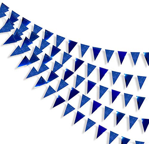 30 Ft Navy Blue Party Decorations Glitter Metallic Paper Royal Blue Triangle Banner Flag Garland Pennant Bunting for Birthday Baby Shower Graduation Ahoy Achor Nautical Pirate Theme Party Supplies