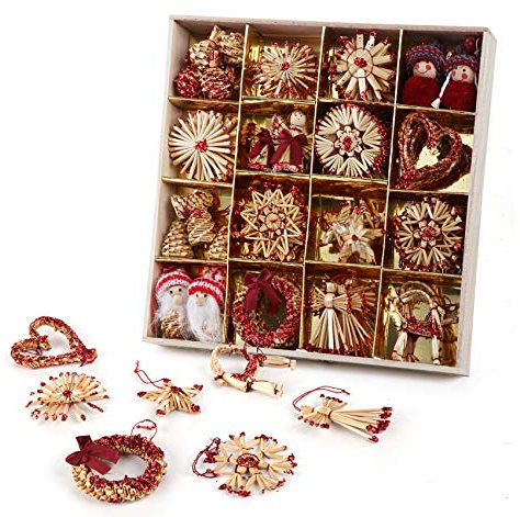 Homewit Juego de 56 estrellas y copos de nieve de paja para árbol de Navidad y decoración de Navidad natural, con purpurina roja, en caja de madera