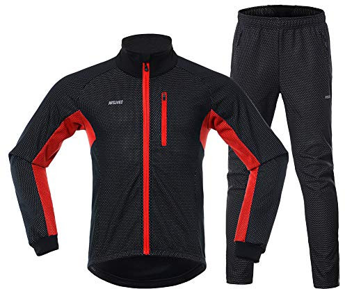 GITVIENAR Fahrrad Trikot Set Winter, Radjacke +Lange Radhose Wasserdicht Winddicht Atmungsaktiv Reflektierend Warm Fleece Fahrradbekleidung Set Radtrikot Herren Damen (Rot, XL)