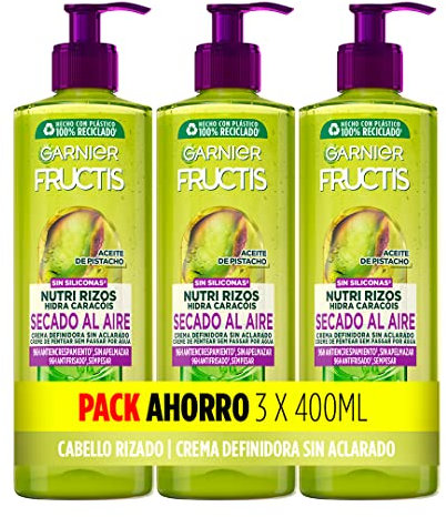 GARNIER Fructis, Crema Sin Aclarado Nutri Rizos Secado al Aire, para Pelo Rizado u Ondulado, Con Pectina de Fruta y Aceite de Pistacho, Nutre y Define tu Rizos Sin Secador, Pack 3x400ml