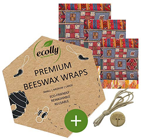 ecolly Bienenwachstücher 3er-Set (S, M, L), Bienenwachspapier, Beeswax Wrap, Plastikfrei & wiederverwendbar, OHNE Jojobaöl, inklusive Knopf & Baumwollfaden - Patchwork
