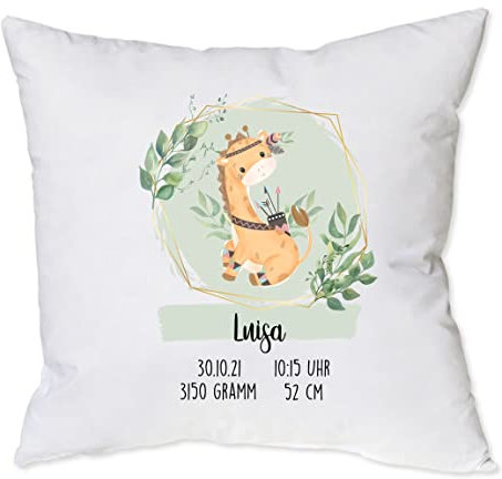 minimutz Kissen zur Geburt mit Namen personalisiert | Motiv Giraffe Boho mit Geburtsdaten 40 x 40 cm | Geschenk Geburt Taufe für Jungen & Mädchen | Deko-Kissen für Baby-Zimmer Himbeer Kissenhülle