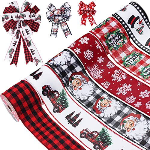 Weihnachtsband mit Draht, 6,3 cm, 6 Rollen, 30 m, Weihnachtsmann, Schneemann, Schneeflocke, Weihnachtsband für Kränze, Schleifen, Weihnachtsdekoration, DIY Handwerk