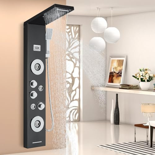 Panel de Ducha Baño Columna de Ducha de Hidromasaje 5 Funciones Sistema de Ducha de Pared de Acero Inoxidable Cepillado con Pantalla LCD Negro
