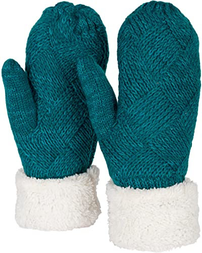 styleBREAKER Damen warme Winter Strick Fäustlinge, Handschuhe mit Rauten Muster, Thermo Fleece, Strickhandschuhe 09010031, Farbe:Petrol