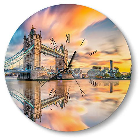 DEQORI Glasuhr | rund Ø 50 cm | Motiv Tower Bridge und Themse | große XXL Design Uhr aus Glas | leise Wanduhr für Wohnzimmer & Küche | Moderne Hingucker Uhr für die Wand