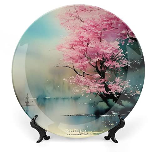 Piatti decorativi per la casa, fiori di ciliegio rosa cipria albero decorazione vassoio per display da tavolo, piatto piano in ceramica con supporto, decorazione per soggiorno sala da pranzo, regali