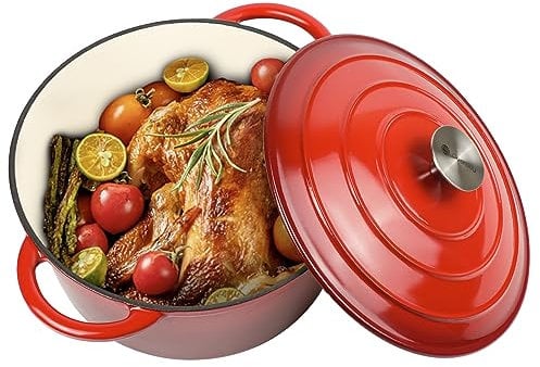 Gacuray 4.5Qt Enameled Cast Iron Dutch Oven Pot with Lidnd Dual Handles Heavy Duty Non-Stick Red