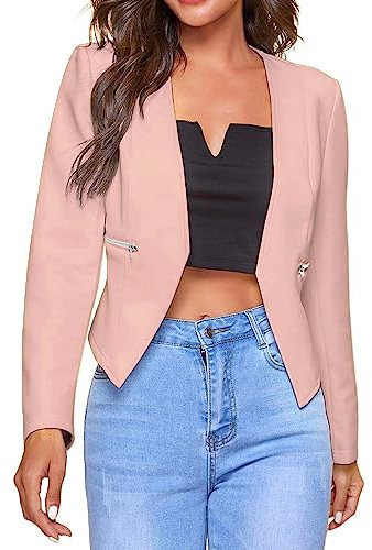 IQYU blazer corto da donna, per feste, elegante, sciancrato, giacca a spalla corta, a maniche lunghe, aperto, bolero, per feste, per lavoro, ufficio, ufficio, Colore: rosa., L