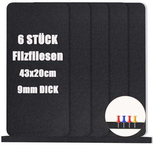 6 Stück Filz Pinnwand Korkplatte Bulletin Board Tiles - Filz-Pinnwandfliesen mit selbstklebender Rückseite für Wände, Vision Board für Zuhause, Büro, Schule, Pinnwanddekorationen, 43x20 cm, Schwarz.