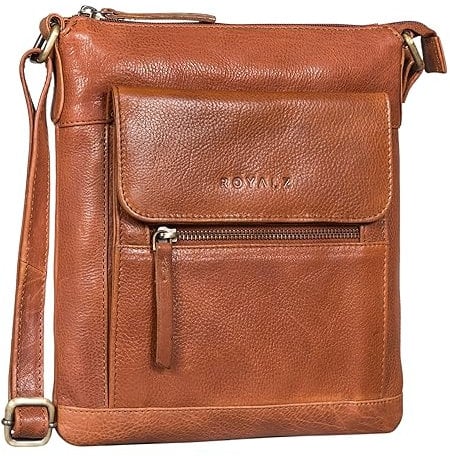 ROYALZ 'Florence' Moderne flache Lederhandtasche Damen Echtleder klein Umhängetasche flach elegante Vintage Handtasche Schultertasche, Farbe:Texas Braun