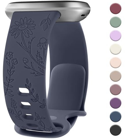 Vancle für Fitbit Versa 3/4, Sense/Sense 2 Armband - Silikon Floral Graviertes Uhrenarmband für Damen und Herren, Sport Ersatzband, Blau Grau
