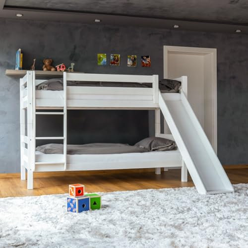 Staboos Massivholz Etagenbett für 2 Kinder 90x200 cm - Hochbett Liam mit Rutsche und Leiter aus Buche - Stockbett mit Lattenrost - umbaubar zu 2 Einzelbetten (Weiß lackiert)