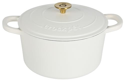 Crock Pot Artisan - Forno olandese rotondo da 7 litri, in lino opaco bianco con pomello dorato